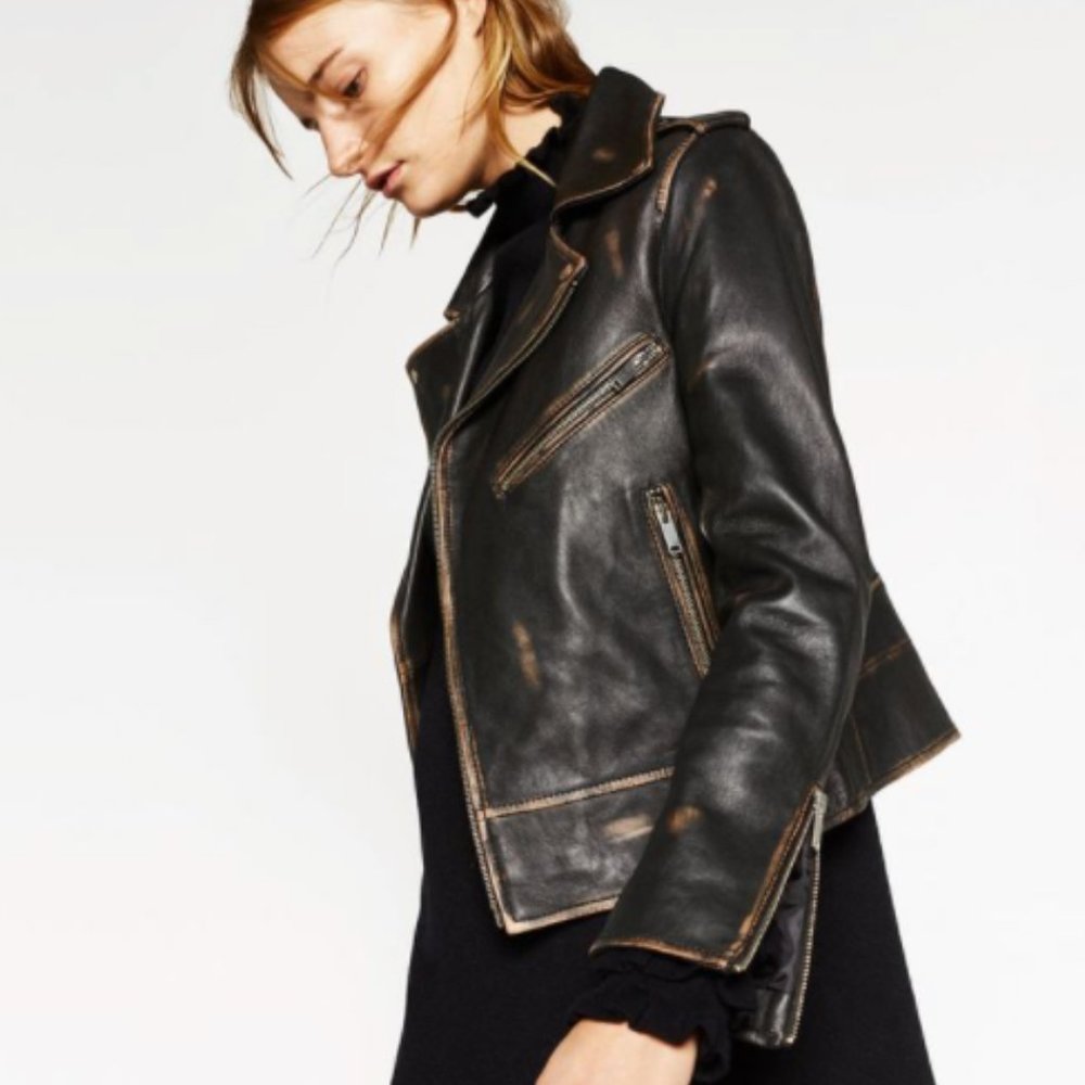 ZARA DISTRESSED LEATHER JACKET size small, vintage look